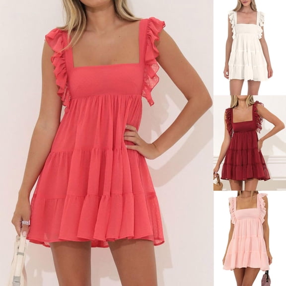 Summer Dresses For Women Plus Size Casual Flying Sleeve Bare Back Strap Mini Watermelon Red Women's Summer Flowy Maxi Dress S-L