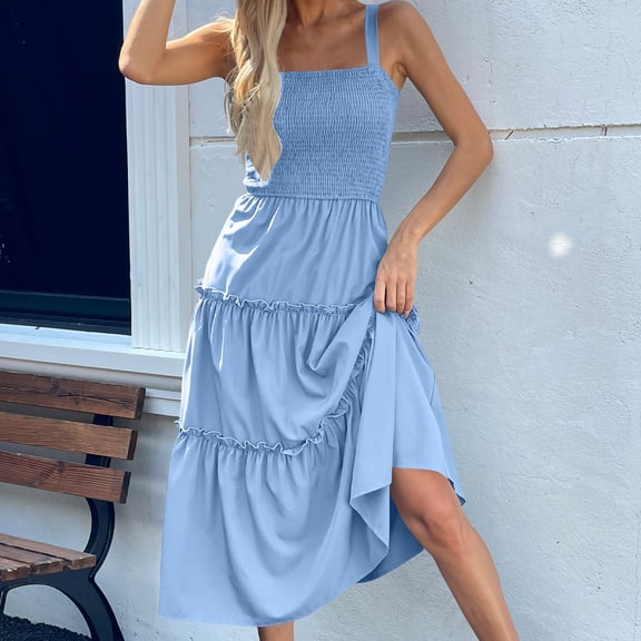 Summer Dresses For Women Plus Size Casual Solid Color Suspender Women's Summer Flowy Maxi Dress — Blue∣L