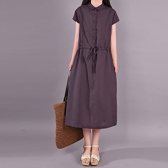 Summer Dresses For Women Plus Size Loose Plus Size Lace Up Waist Temperament Solid Color Women's Summer Flowy Maxi Dress - Coffee∣M