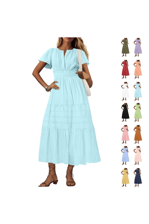Summer Dresses For Women Plus Size Short Sleeve Solid Dresses V-Neck Pleated Long Dress Midi Maxi Elastic Waist Summer Dress Fashion Outfits