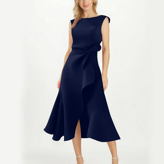 Summer Dresses For Women Plus Size Solid-Color Button Short-Sleeved Lapel Casual Belt Pocket Women's Summer Flowy Maxi Dress — Navy∣XL