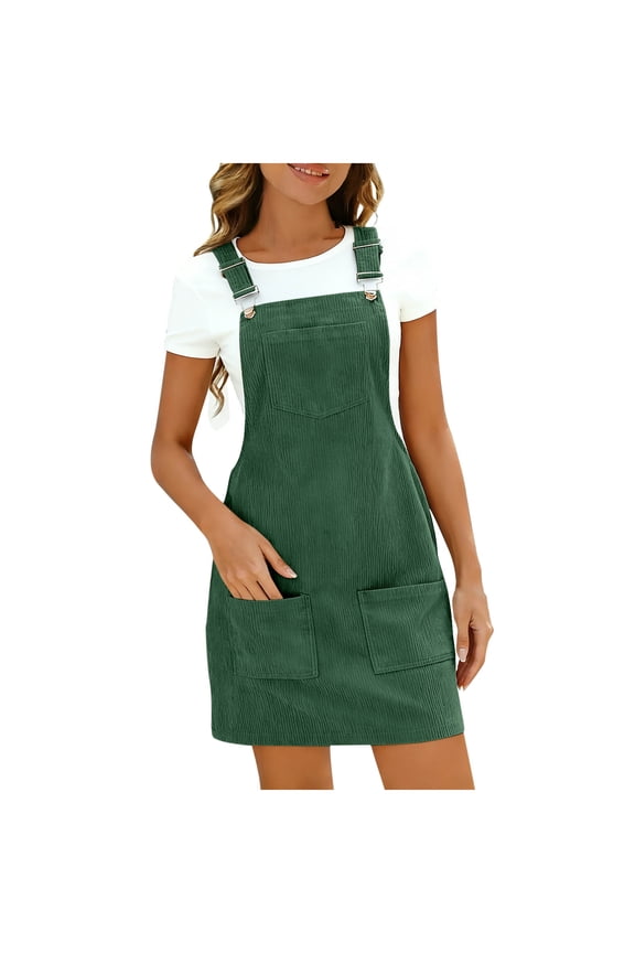 Summer Dresses For Women Sevevn Women's Corduroy Overalls Dress Adjustable Strap Mini Dress with Pockets Green L