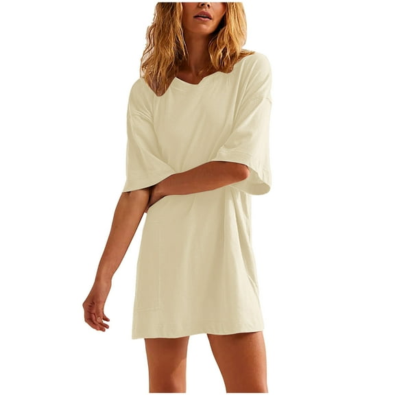 Summer Dresses For Women Sevevn Women's Summer Solid Color Casual Short Sleeved Round Neck Pocket Dress Beach Dresses For Women