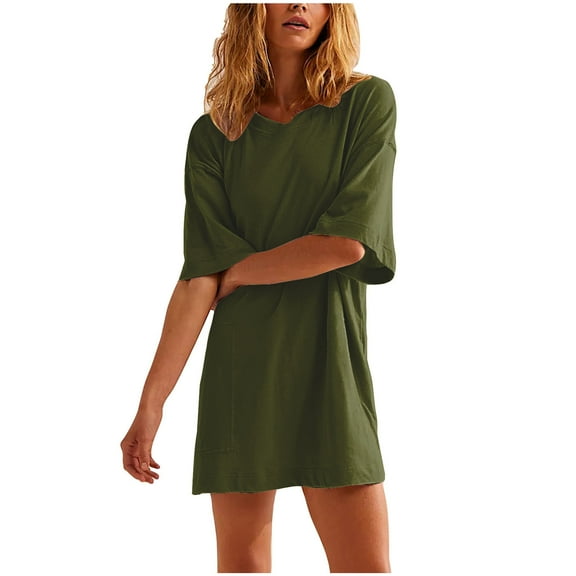 Summer Dresses For Women Sevevn Women's Summer Solid Color Casual Short Sleeved Round Neck Pocket Dress Beach Dresses For Women