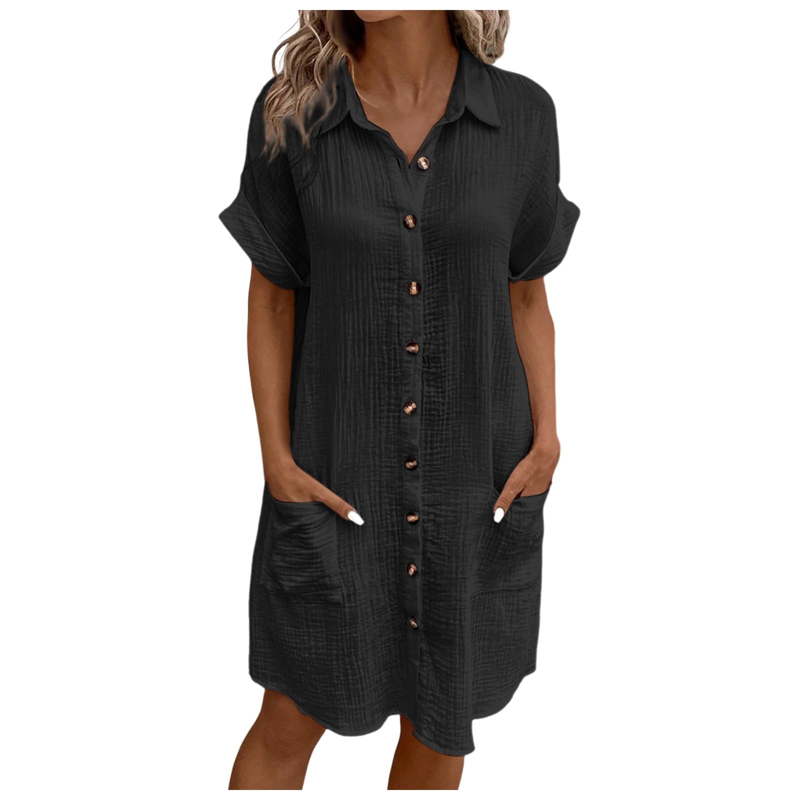 Summer Dresses For Women Solid Color Button Down Lapel Short Sleeve Loose Casual Mid Length Shirt Dress Outwear,Black,M