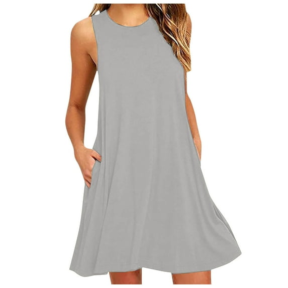 Summer Dresses For Women Solid Color Crew Neck Sleeveless Slim Mini Dress Holiday Wear,Gray,XXL