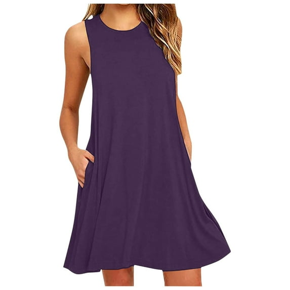 Summer Dresses For Women Solid Color Crew Neck Sleeveless Slim Mini Dress Streetwear,Purple,XXL