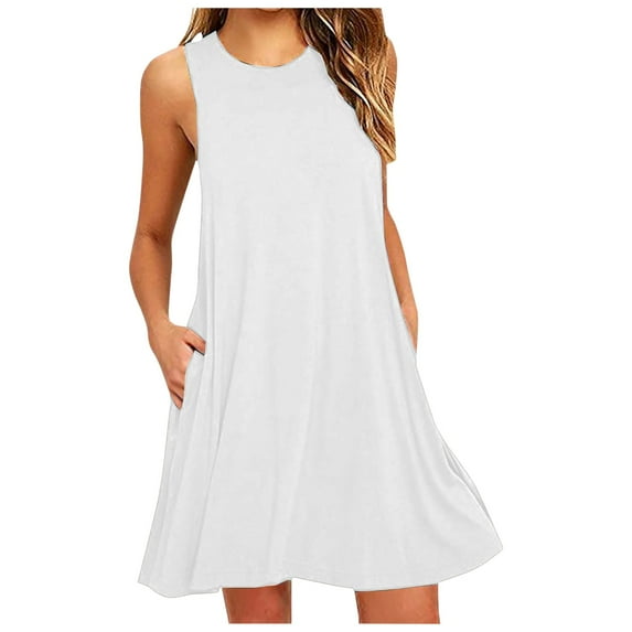 Summer Dresses For Women Solid Color Crew Neck Sleeveless Slim Mini Dress Streetwear,White,S