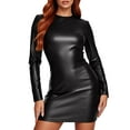thumbnail image 1 of Summer Dresses For Women Solid Color Pu Leather Short Long Sleeve Bodycon Pencil Party Bandage Casual Dress Sundress Beachwear,Black,XXL, 1 of 9
