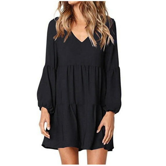 Summer Dresses For Women Solid Color V Neck Long Sleeve Loose Fashion Mini Shirt Dress Activewear,Black,XXL