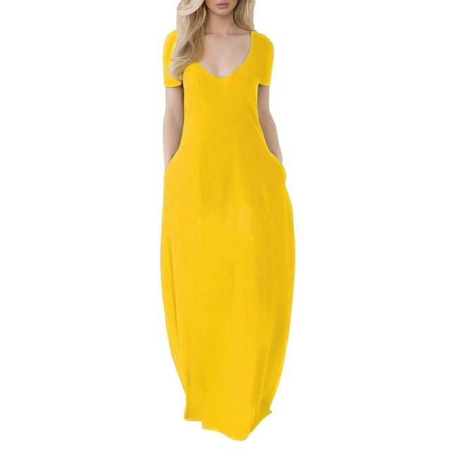 Summer Dresses For Women Solid Color V Neck Short Sleeve Casual Plus Size Maxi Dress Holiday Wear,Yellow,XXL