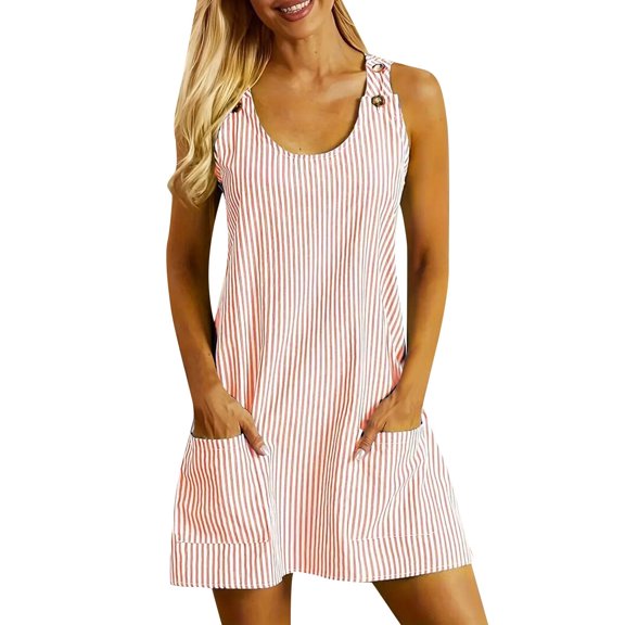 Summer Dresses For Women Striped Print Crew Neck Sleeveless With Pockets Fashion Casual Mini Dress Activewear,Red,L