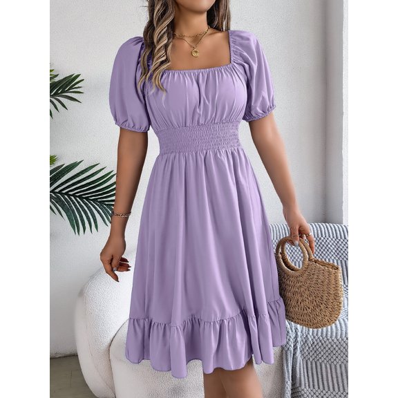 Summer Dresses For Women Women'S Casual A-Line Square Neck Puff Sleeve Dress Hem High Waist Midi Fitted Dress Holiday Dress