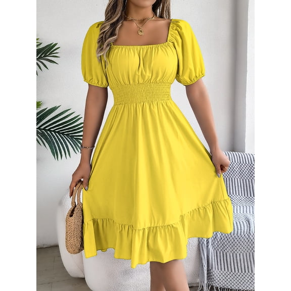 Summer Dresses For Women Women'S Casual A-Line Square Neck Puff Sleeve Dress Hem High Waist Midi Fitted Dress Holiday Dress