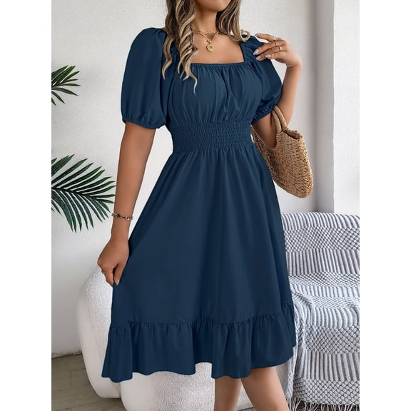 Summer Dresses For Women Women'S Casual A-Line Square Neck Puff Sleeve Dress Hem High Waist Midi Fitted Dress Holiday Dress
