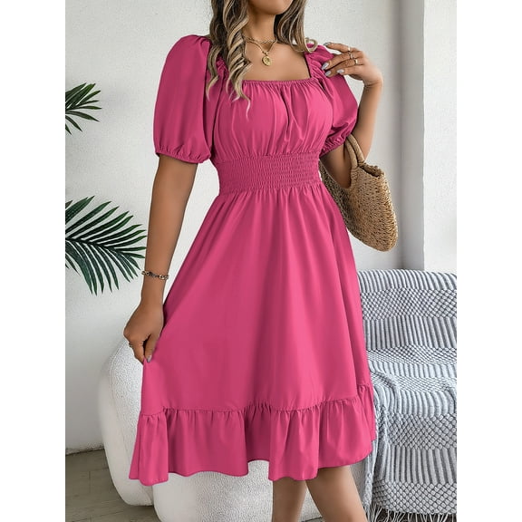 Summer Dresses For Women Women'S Casual A-Line Square Neck Puff Sleeve Dress Hem High Waist Midi Fitted Dress Holiday Dress