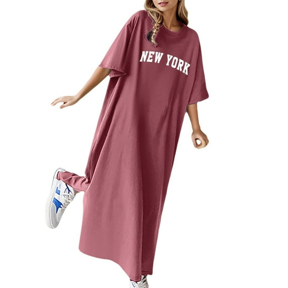 Summer Dresses, Formal Dresses for Women,Women's Flowy Summer Dress Casual Loose Fit Floral Print Short Sleeve T-Shirt Style Comfortable Long Maxi Dress