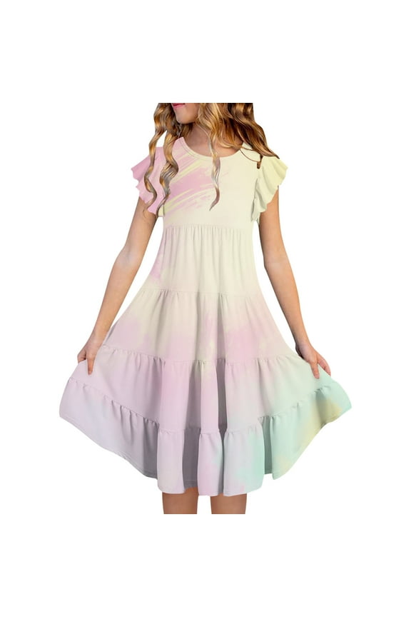 Summer Dresses for Girls 6-7 Years Floral Dress Girl Tie Dye Sundress Girls Bes Day Easter Dresss A-Line Floral Princess Dress Spring Summer Dresses Beach Vacation Clothes Z13Light Yellow6-7 Years