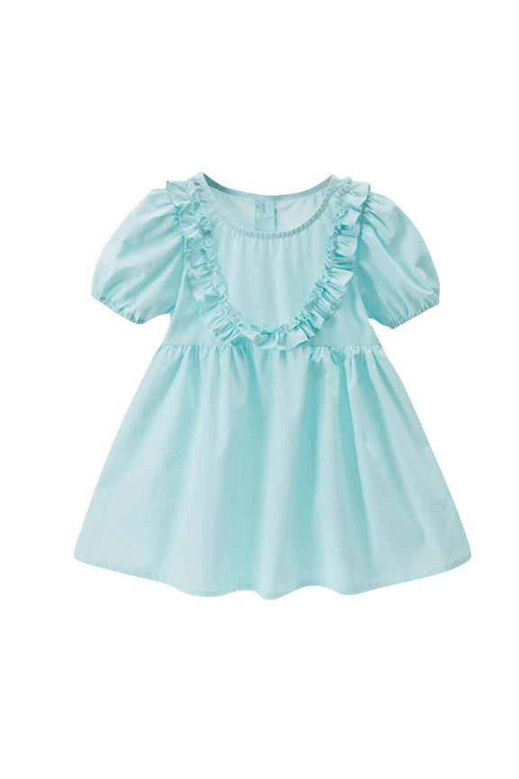 Summer Dresses for Girls Baby Girls'Summer Dresses, Casual Ruffle Round Neck Short Sleeve Beach Sundress, Back Button Down A-Line Loose Flowy Party Dresses New Blue 4T