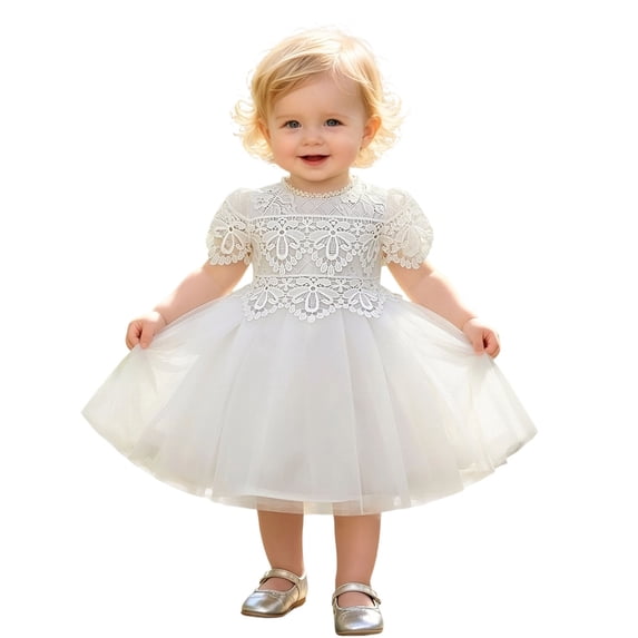 Summer Dresses for Girls Girls Elegant Formal Party Gown with Layered Skirt and Satin Bodice Crew Neck Short Sleeve Tulle Princess Dress White 3 Months-6 Months