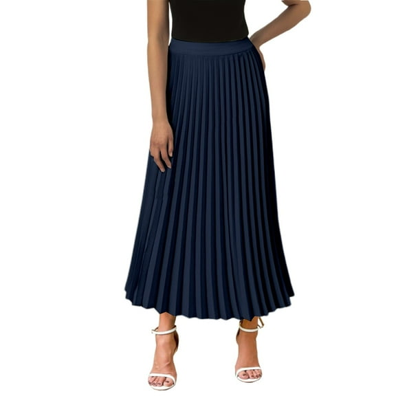 Summer Dresses High Waist Ruffled Chiffon A Line Midi Skirt Solid Long Lengths Spring Dress Navy M