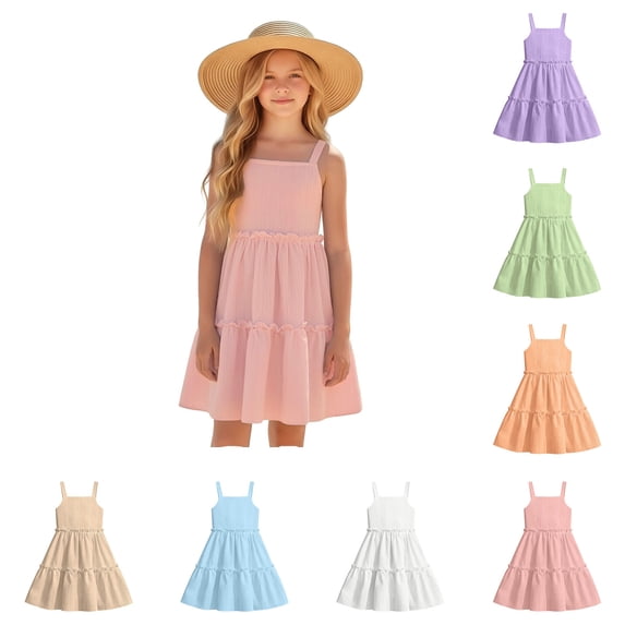 Summer Dresses Kids Adjustable Strap Dresses with Pockets Smocked Tiered Girls Red Dress Girl Formal Dress, Szie 5-14