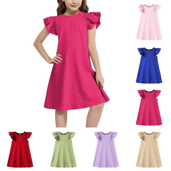 Summer Dresses Kids Ruffle Sleeve A Line Dresses Girl Pink Dress Girls Party Dresses, Szie 4-15 Years