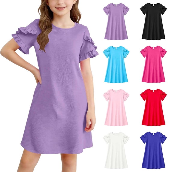 Summer Dresses Kids Ruffled Short Sleeve A Line Dresses Girls Purple Dress Girls' Casual Dresses, Szie 5-15 Years