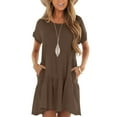 thumbnail image 1 of Summer Dresses, Linen Casual Ruffle Midi Round Neck Short Sleeve Loose Dress With Pockets Wedding Guest Cocktail Party Beach Sundress Hot Pink For Women Shirt Dress Work (L, Brown) ZMTing, 1 of 4
