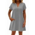 thumbnail image 1 of Summer Dresses, Linen Casual V Neck Button Front Short Sleeve Loose Fit Sundress Midi Beach Party Maxi Dress Blue Sexy Plus Size Formal Dresses Women Evening Dresses (S, Gray) ZMTing, 1 of 4