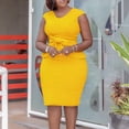 thumbnail image 1 of Summer Dresses Ndbuld Fashion Women Solid Color Round-Neck Short Ankle Sleeve High Waist Dress Skirt Yellow L, 1 of 9