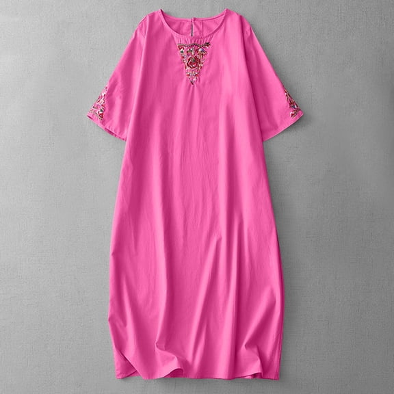 Summer Dresses Ndbuld Summer New Relaxed Leisure Art Solid Color Embroidery Linen Short-sleeved Dress Short-sleeved Round Neck Dress Family Gifts Red XXL