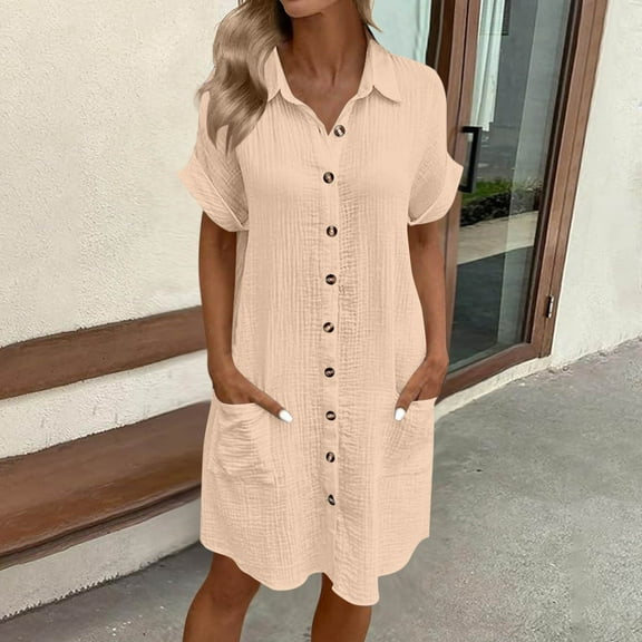 Summer Dresses New Woman Fashion Solid Color Button Pocket Short Sleeve Turndown Collar Blouse Dress Khaki S-Xxl