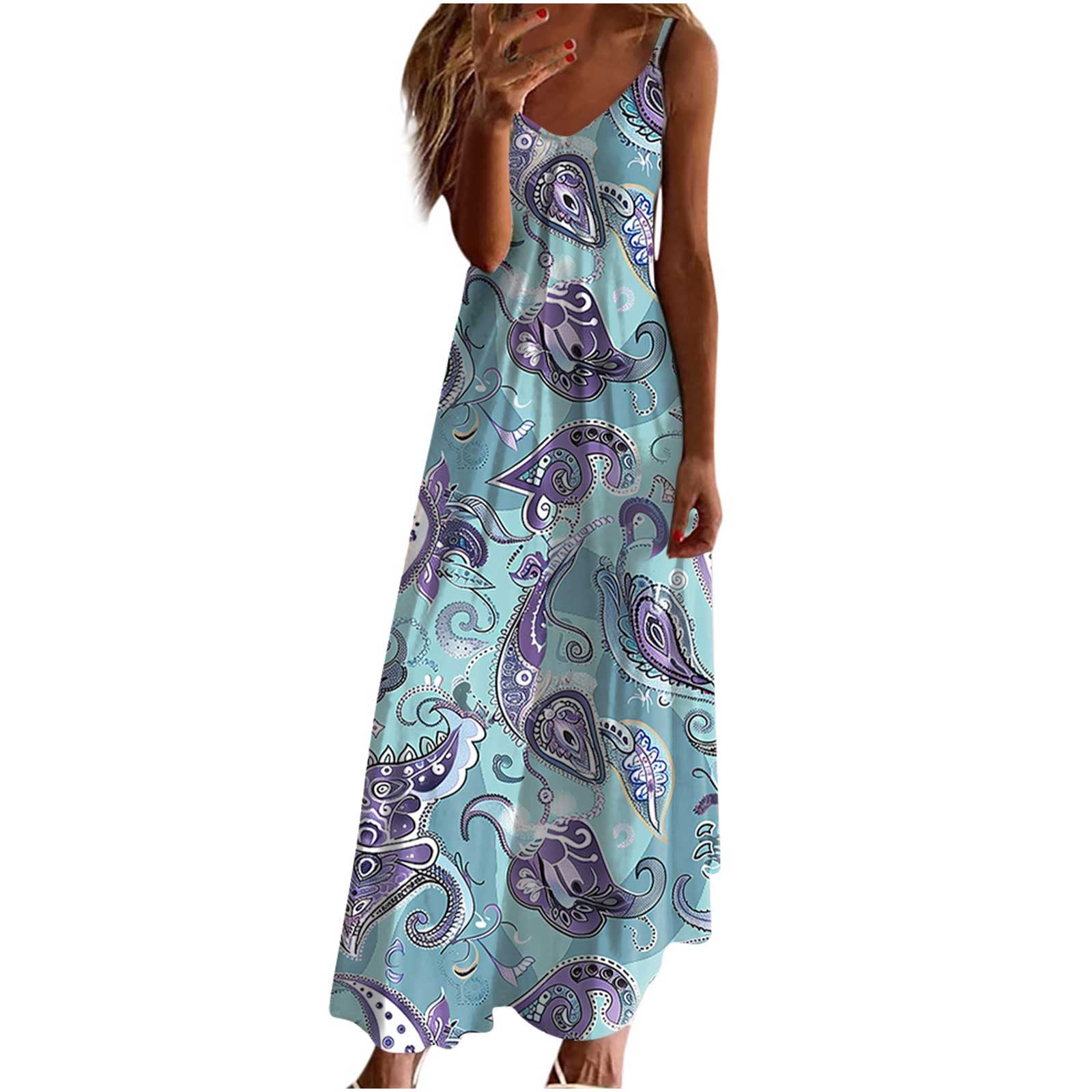 Summer Dresses for Older Ladies Loose Fit Flowy Women Sundress Floral Ladies Beach Dress Sleeveless Camis Ladies Casual Dresses Deep V Neck Spaghetti Strap Holiday Vacation Karftan Petite Maxi Dress W...