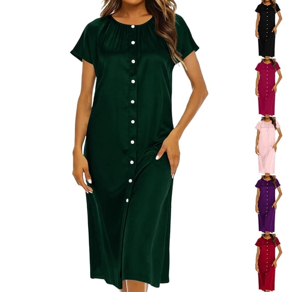 Summer Dresses Plus Size Crew Neck Short Sleeve Solid Color Button Sundress Womens Summer Casual Swing Floral Beach Mini A-line Shift Dress