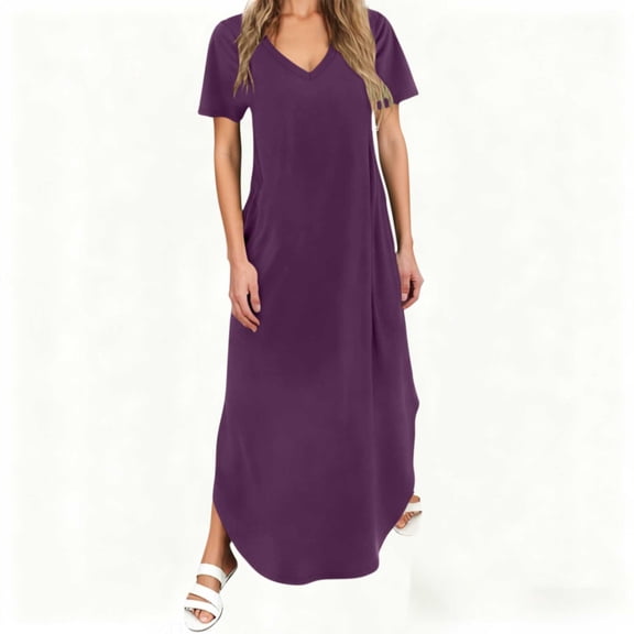 Summer Dresses Plus Size Women Summer Long Dress with Pockets V-Neck Short Sleeve Maxi T Shirt Dress Casual Loose Beach Dresses Purple L