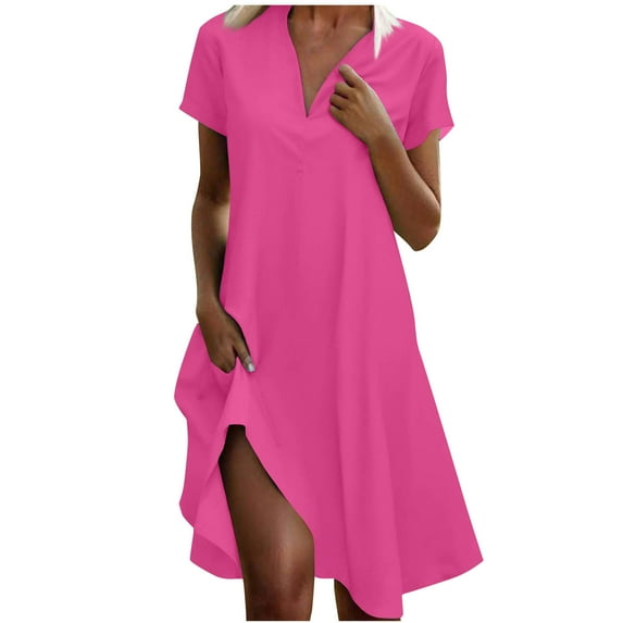 Summer Dresses Sevevn Fashion Women Solid Color V-Neck Short Sleeve Loose And Comfortable Dress