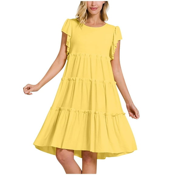 Summer Dresses Sevevn Fashion Women Summer Solid Causal Round Neck Comfy Ruffle Sleeves Dress