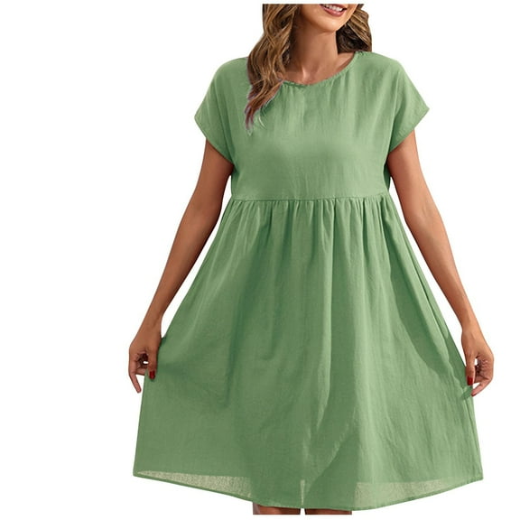 Summer Dresses Sevevn Women's Summer And Linen Casual Mid Length Solid ColorShortSleeve Round Neck Dress