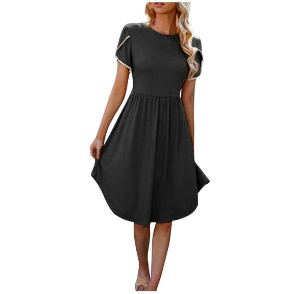Summer Dresses Sevevn Women's Summer Casual Mid Length Solid ColorShortSleeve Round Neck Dress
