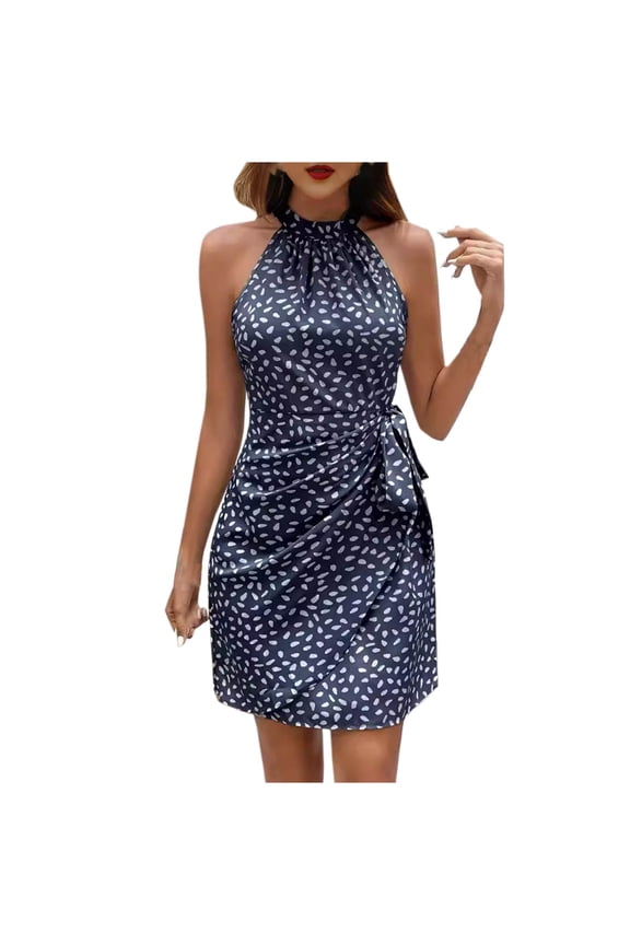 Summer Dresses Sevevn Women's Summer Dress Dot Print Halter Neck Tie Waist Casual Zipper Back Vacation Beach Casual Dresses For Women