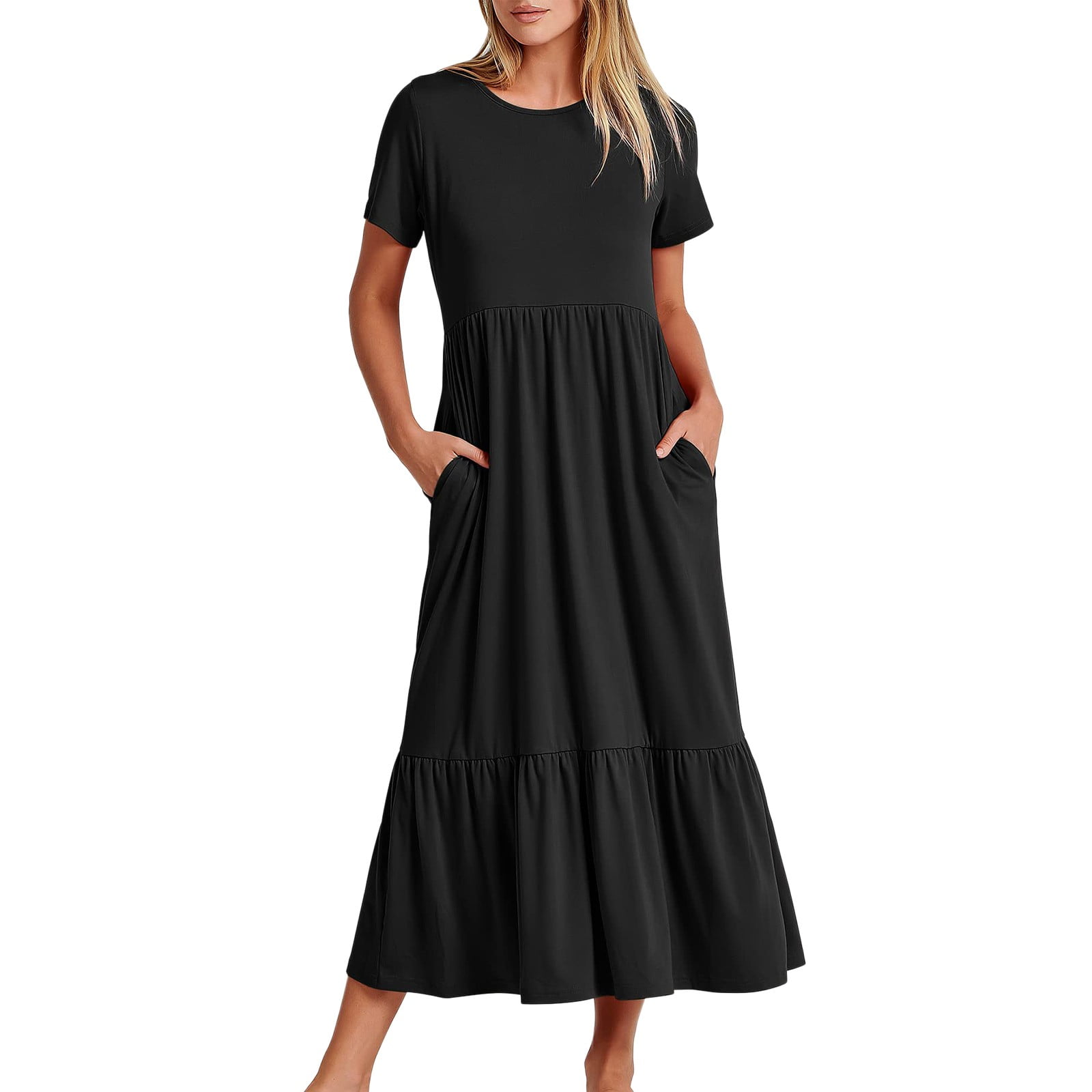 Summer Dresses Sleeve Crewneck Swing Casual Flowy Tiered Maxi Beach
