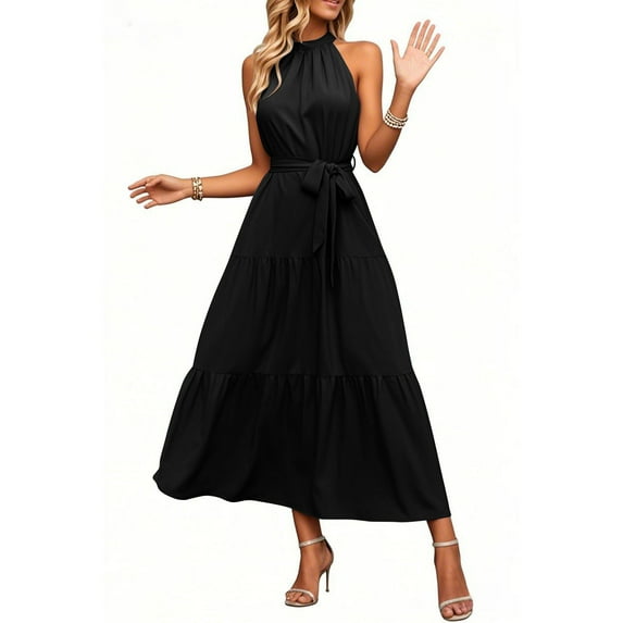 Summer Dresses, Sleeveless Flowy Hem Boho Sundress With Belt Elegant Casual Dress 2025 For Wedding Guest Easter Beach Party Maxi Dress Red Women Sundresses Maxi (XL, Black) ZMTing