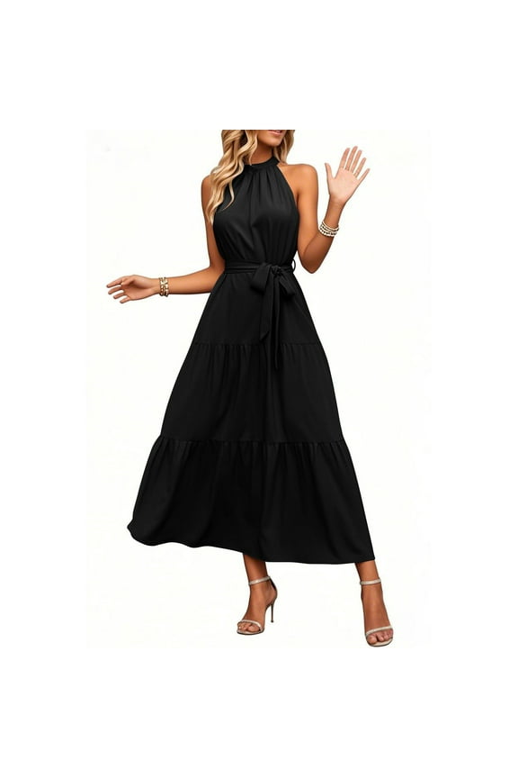 Summer Dresses, Sleeveless Flowy Hem Boho Sundress With Belt Elegant Casual Dress 2025 For Wedding Guest Easter Beach Party Maxi Dress Red Women Sundresses Maxi (XL, Black) ZMTing