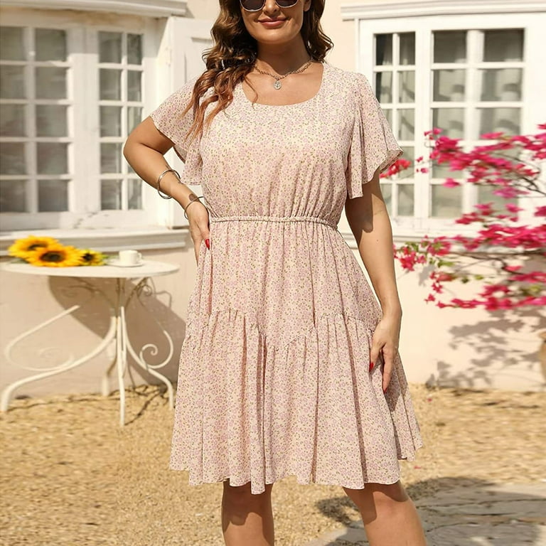Summer Dresses Slim Natural Womens Casual Summer Dresses Loose Short Fit Womens Summer Dresses 2024 Plus Plus Size Casual Dress Women O Neck A Line Knee Length Wrap Dress Swing Dresses Pink 3XL