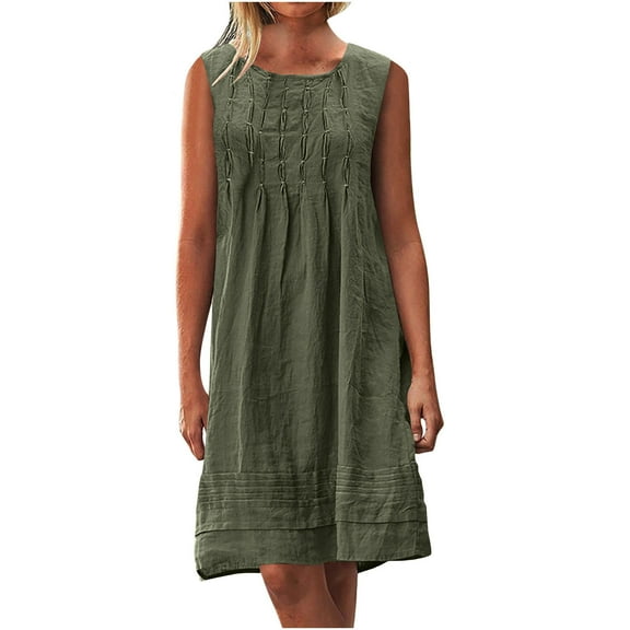Summer Dresses Solid Color Crew Neck Ruched Midi Dresses for Women Sleeveless Cotton and Linen Beach Dress Casual Loose Fit Plus Size Dress Army Green S