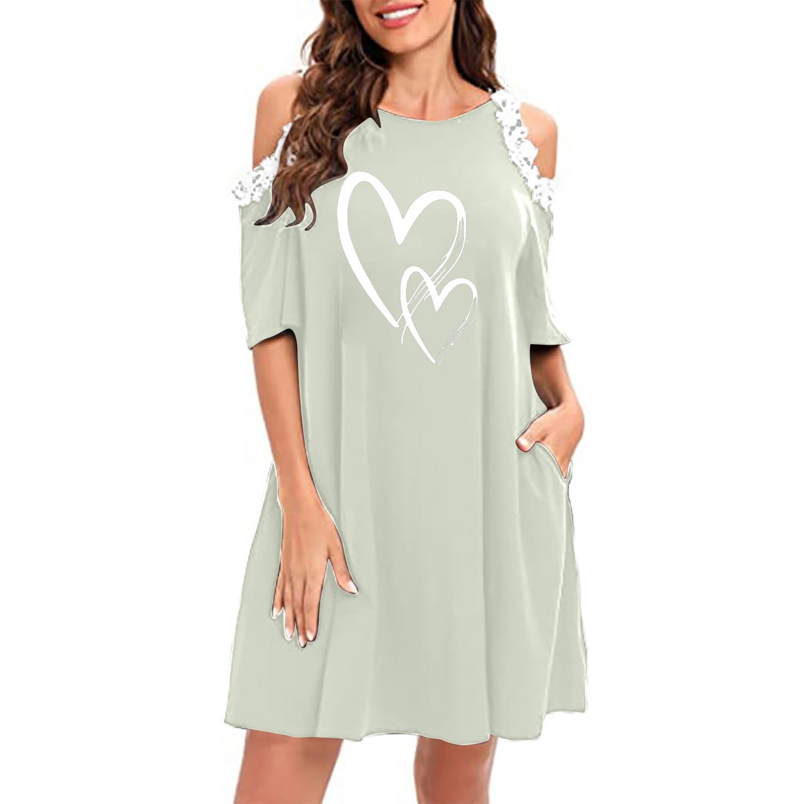 Summer Dresses for Women 2022 Lace Splicing Cold Shoulder Dress Love Print  Mini Dress Swing Dress with Pockets Formal Dresses for Women vestidos de  verano para mujer 