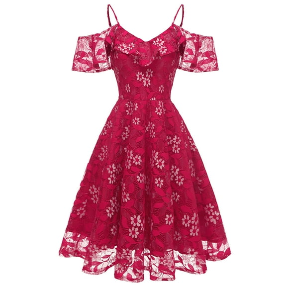 Summer Dresses for Women 2022, Women Vintage Off Shoulder Lace Floral Dress Evening V Neck Short Sleeves Mini Dresses Wedding Cocktail A Line Gown Dress