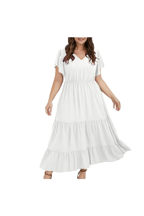Summer Dresses for Women 2023 Casual Short Sleeve V-Neck Knee-High Dress Solid Color Plus Size Beach Dress Comfortable Waist Below the Knee dress,White,3XL