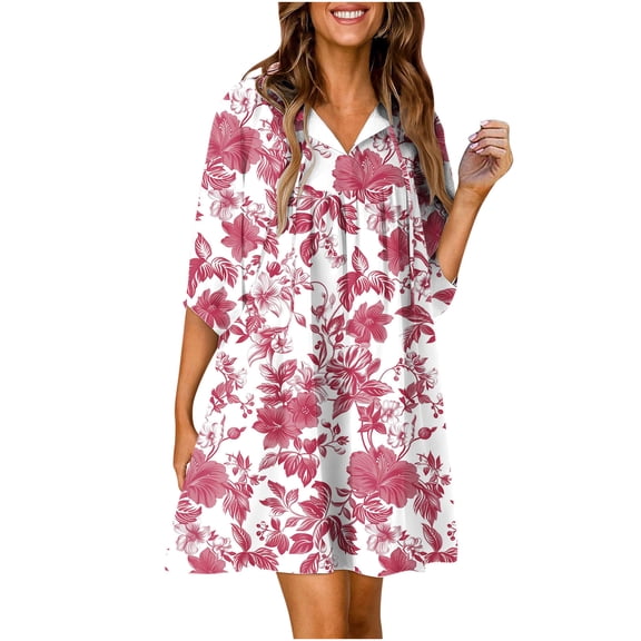 Summer Dresses for Women 2024 Casual Half Sleeve V-Neck Flowy Mini Dress Loose Soft Floral Printed Shift DressWQ-fyc0522omi Ladies Summer Cute Short Dresses Nightdress Going Out Dress
